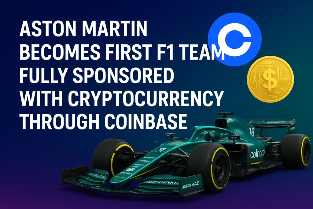 Aston Martin and Coinbase: A Revolutionary F1 Sponsorship Deal Aston Martin F1 car with Coinbase branding in a race.