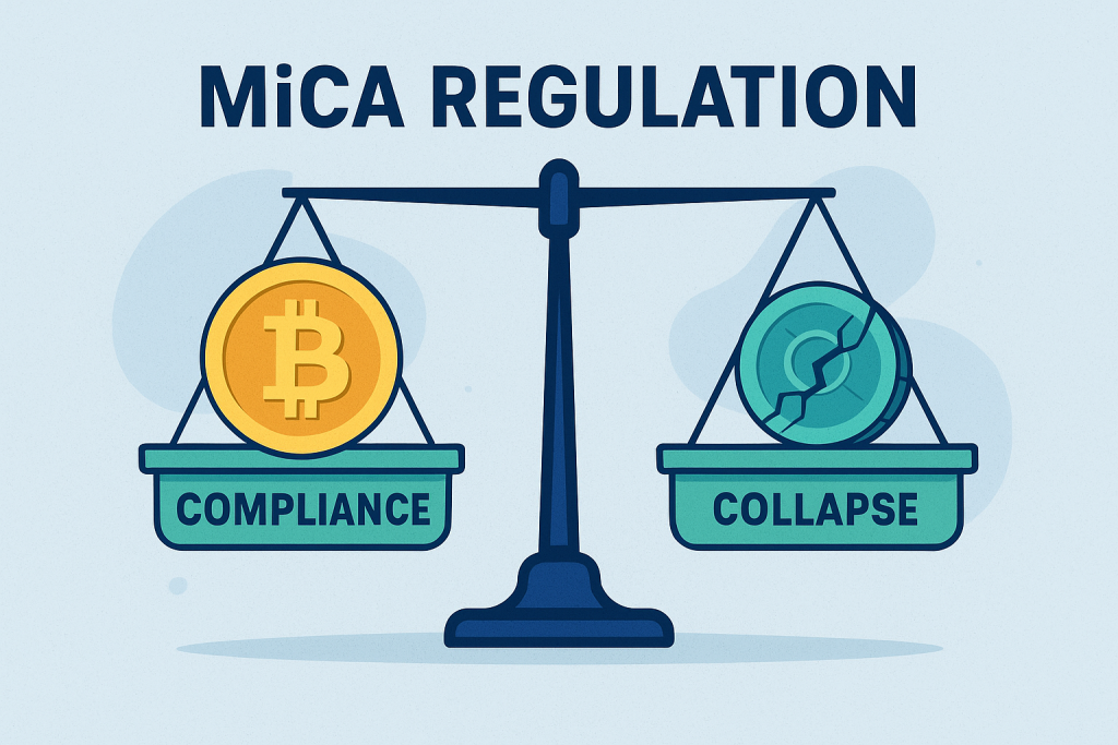 Crypto regulation under MiCA showing balance between compliance and collapse