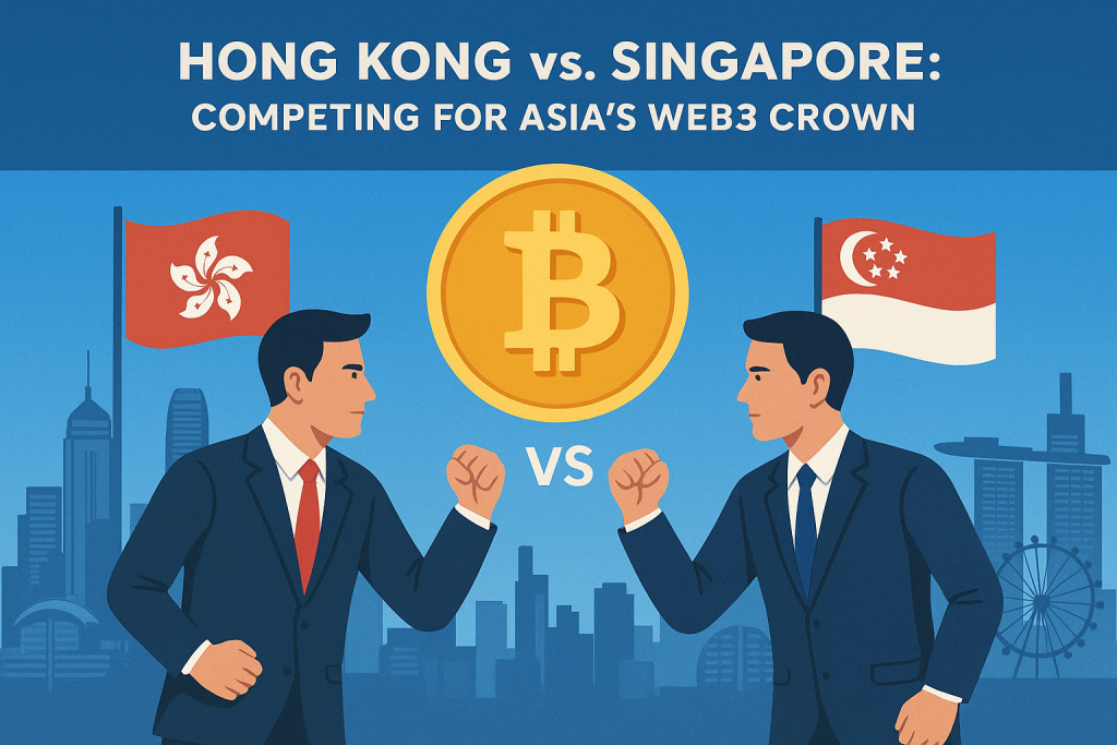 Illustration of Hong Kong and Singapore competing as Asia’s leading crypto hubs