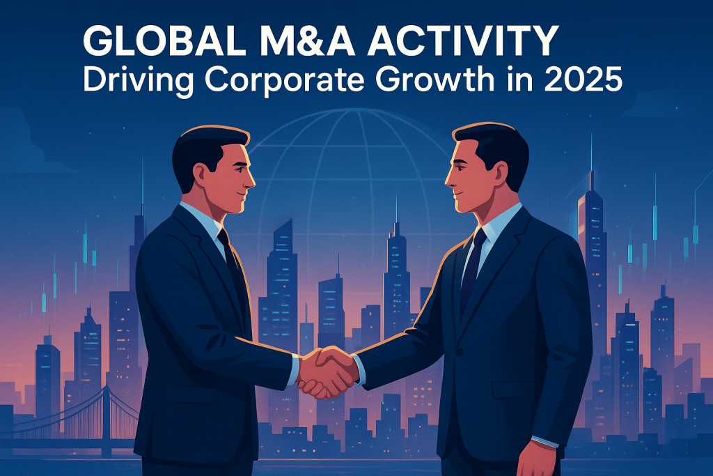 Corporate leaders shaking hands over a futuristic city skyline, symbolizing global M\&A deals in 2025