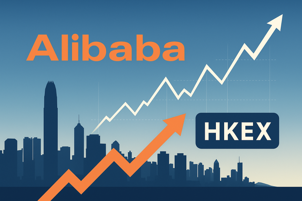 Alibaba stock growth chart with Hong Kong skyline in the background, symbolizing bond-funded share buybacks and regulatory impact.