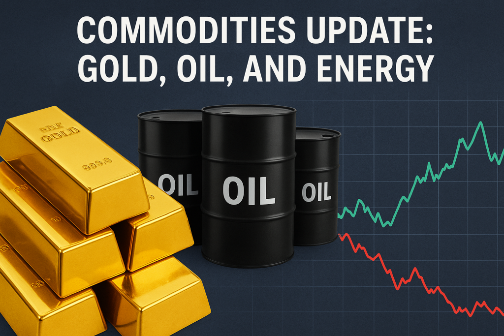 Commodities Update: Gold Hits Record, Oil Rises, Energy Sector Weakens Gold bars, crude oil barrels, and energy market chart