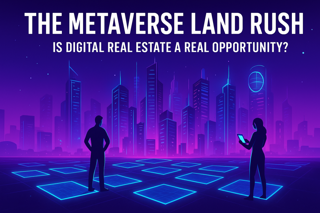 Futuristic metaverse city with glowing digital land plots and silhouettes exploring virtual real estate