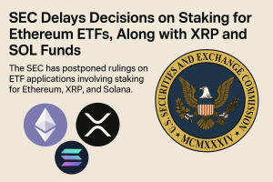 SEC seal alongside Ethereum, XRP, and Solana logos, symbolizing delayed rulings on staking-enabled crypto ETFs.