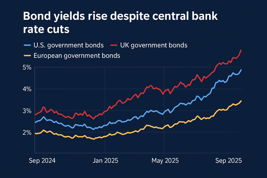 Bond Markets: Yields Climb Amid New Instruments and Inflation Expectations Chart showing U.S., UK, and European government bond yields