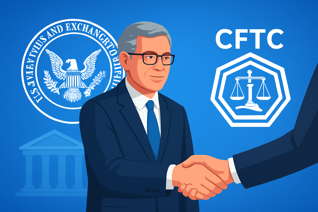 SEC Chair Paul Atkins Announces Closer Collaboration with CFTC SEC and CFTC cooperation handshake illustration