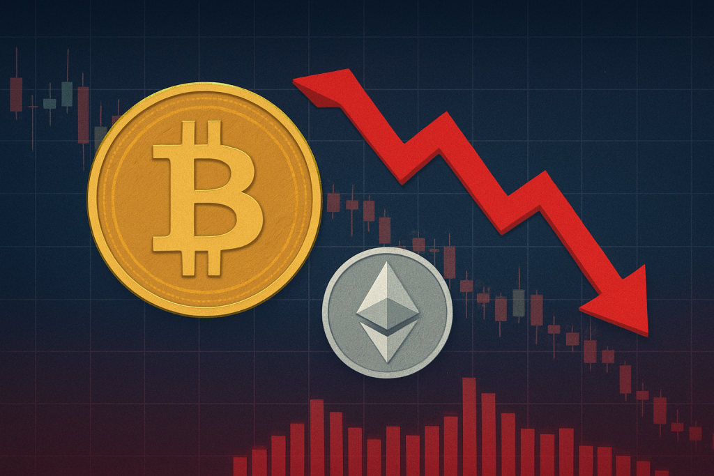 Market Correction: Bitcoin and Ethereum Hit New Lows Bitcoin and Ethereum with falling red arrow on market chart