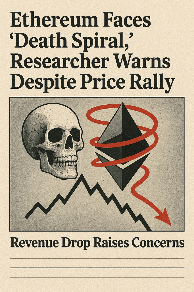 Ethereum logo with red downward trend chart symbolizing revenue decline despite price growth