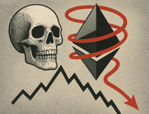 Ethereum logo with red downward trend chart symbolizing revenue decline despite price growth