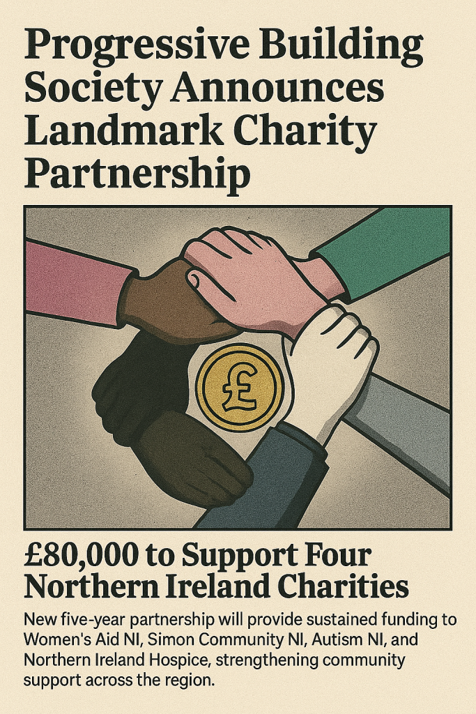 Progressive Building Society CEO with charity partners announcing £80,000 commitment