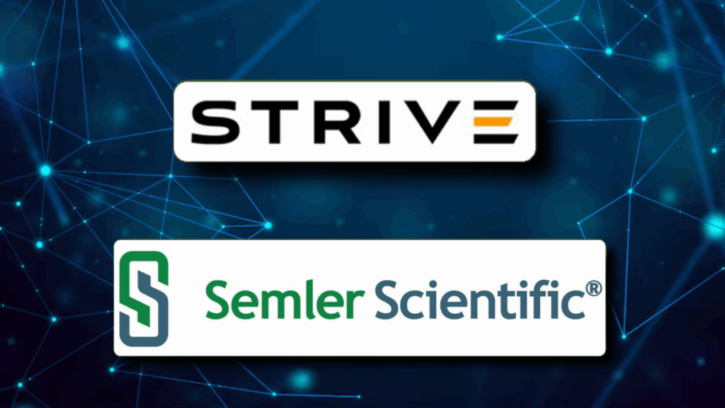 Strive to Acquire Semler Scientific in $1.34 Billion All-Stock Deal, Expanding Bitcoin Holdings Strive and Semler logos with Bitcoin symbol