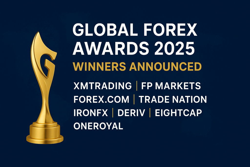 Global Forex Awards 2025 trophy with logos of winning brokers including XMTrading, FP Markets, FOREX.com, Trade Nation, and IronFX, symbolizing global excellence in forex trading.