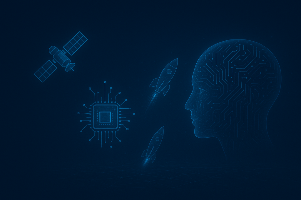 Futuristic illustration with microchip, rocket, satellite, and human head outlined with digital circuits, symbolizing UK NSSIF investment in advanced national security technologies.