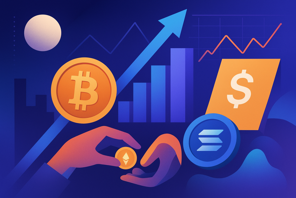 Sentora Analysts Review Key Crypto Market Events in Late October 2025 Crypto market rebound illustration featuring Bitcoin, Ethereum, and Solana symbols with financial charts