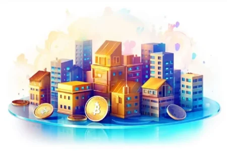 Modern real estate buildings with digital blockchain tokens floating above
