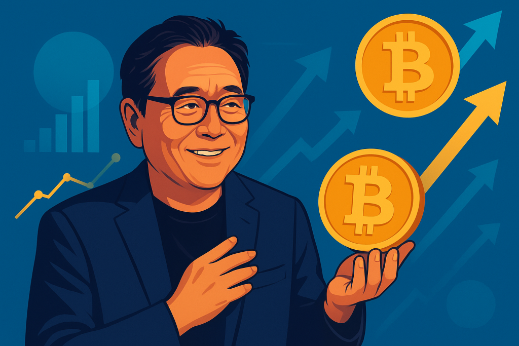 Robert Kiyosaki Reveals “Millions” in Bitcoin Holdings, Predicts BTC Surge to $200,000 by End of 2025 Robert Kiyosaki holding Bitcoin with rising crypto charts in the background