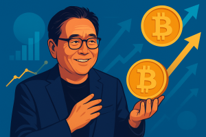 Robert Kiyosaki holding Bitcoin with rising crypto charts in the background