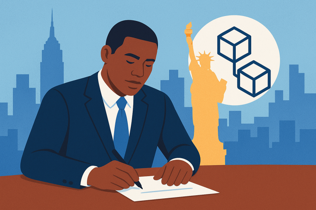 New York Mayor Launches Office for Digital Assets and Blockchain New York skyline with digital blockchain network overlay