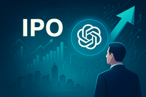 OpenAI headquarters with futuristic AI-themed visuals representing a potential $1 trillion IPO