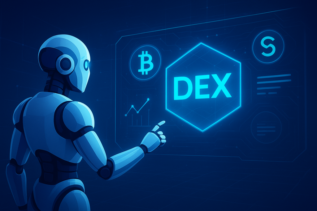 Solana Co-Founder Experiments with AI-Powered Perpetual DEX Using Claude Futuristic AI robot interacting with a holographic decentralized exchange interface.
