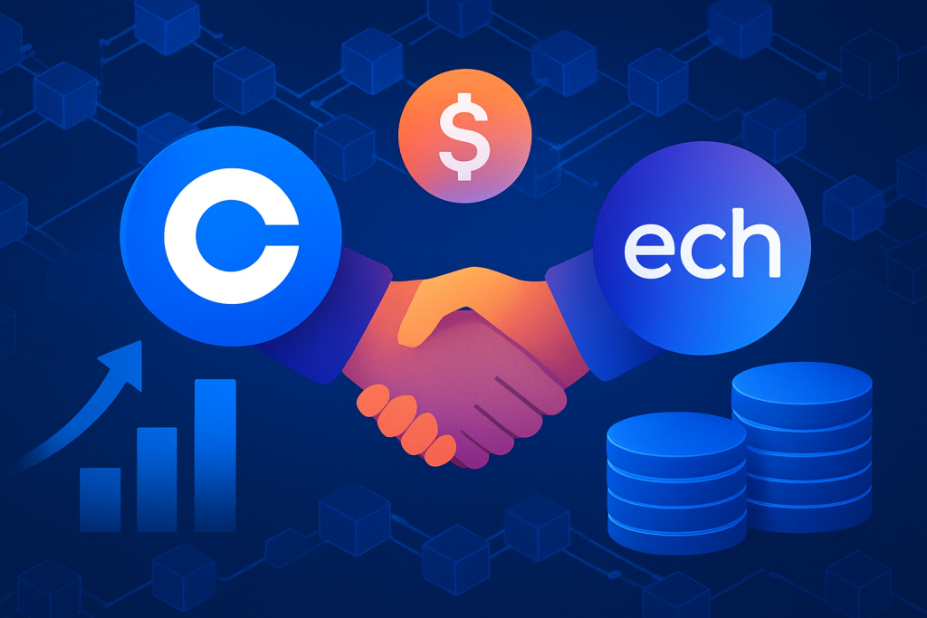 Coinbase Acquires Echo for Nearly $375M to Expand On-Chain Fundraising Coinbase logo merging with Echo platform interface, symbolizing crypto acquisition and on-chain fundraising.