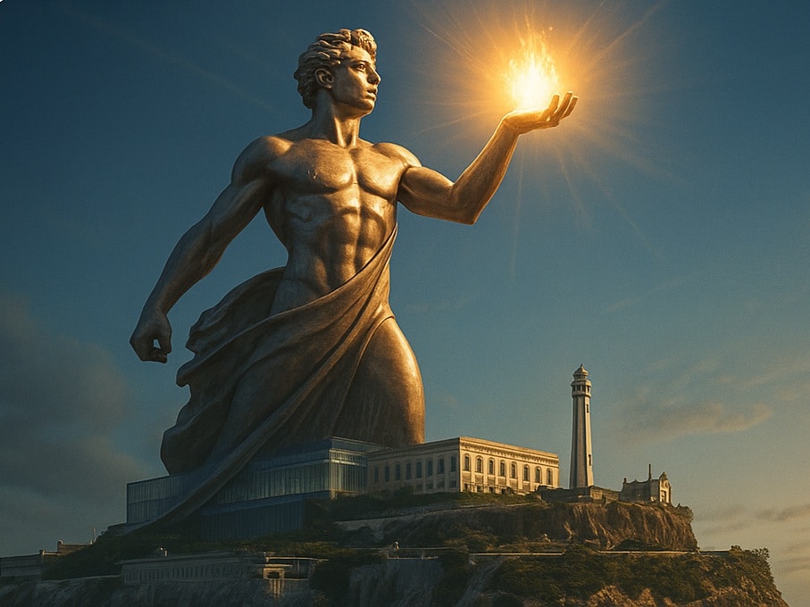 Parhelion CEO Plans $450M Statue of Prometheus on Alcatraz Island Colossal Prometheus statue concept on Alcatraz Island, towering above the landscape