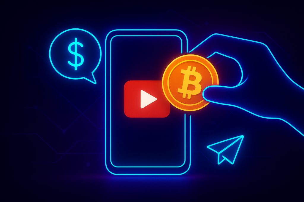 Rumble and Tether Introduce Bitcoin Tipping for Content Creators Neon futuristic concept of Bitcoin tipping via smartphone on Rumble.