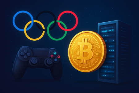 Olympic rings with eSports and crypto symbols merging on digital background