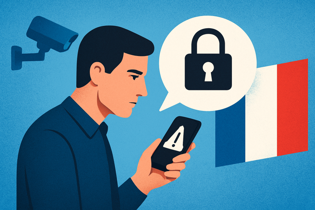 Telegram Warns French Users About Privacy Risks Linked to EU’s Chat Control Proposal Man sees privacy alert on phone with French flag behind
