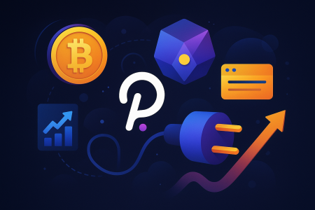 Modern crypto illustration featuring Polkadot, Bitcoin and blockchain upgrades