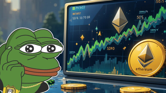 Ethereum Outpaces Bitcoin Amid ATH Rally: Is Now the Time to Enter? Ethereum logo with bullish market chart in background