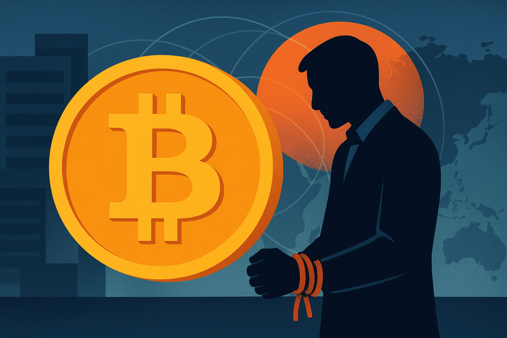 DoJ Executes Record $15 Billion Bitcoin Seizure in Global Crypto Scam Crackdown Bitcoin and arrested businessman symbolizing crypto fraud crackdown