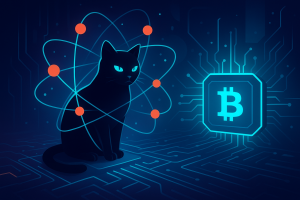Quantum cat with glowing Bitcoin chip symbolizing IBM’s 120-qubit breakthrough