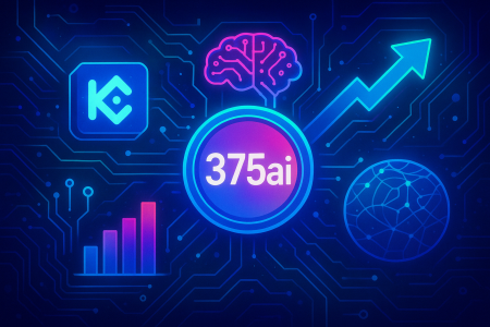 Futuristic illustration representing KuCoin’s listing of 375ai (EAT) token with AI and blockchain elements.