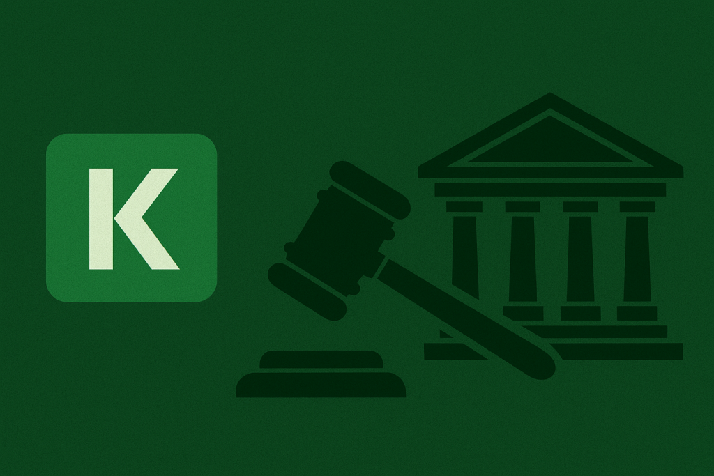 Kalshi lawsuit illustration in green tones showing gavel and courthouse.