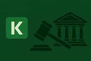 Kalshi lawsuit illustration in green tones showing gavel and courthouse.