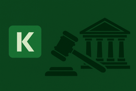 Kalshi lawsuit illustration in green tones showing gavel and courthouse.