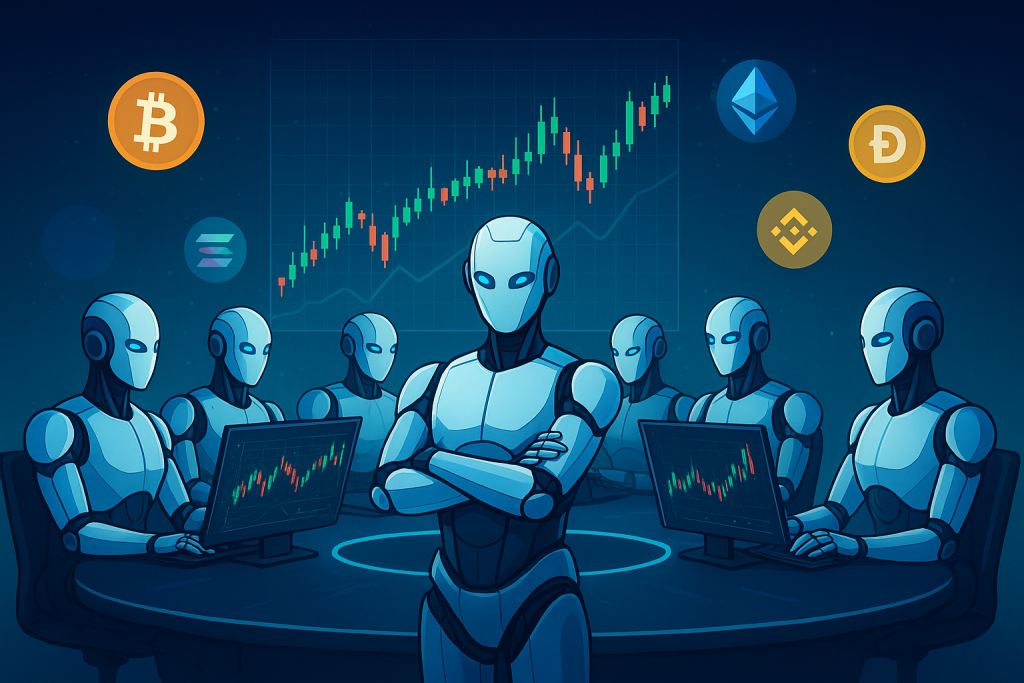 nof1.ai Launches AI Trading Competition with Six Crypto Models Six AI robots trading cryptocurrencies in a futuristic digital arena.