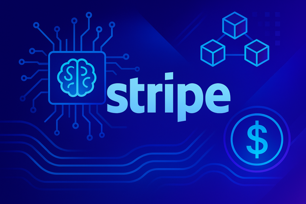 JPMorgan: Stripe Could Unlock a $350 Billion Market Futuristic illustration symbolizing Stripe’s integration of AI, blockchain, and digital payments.