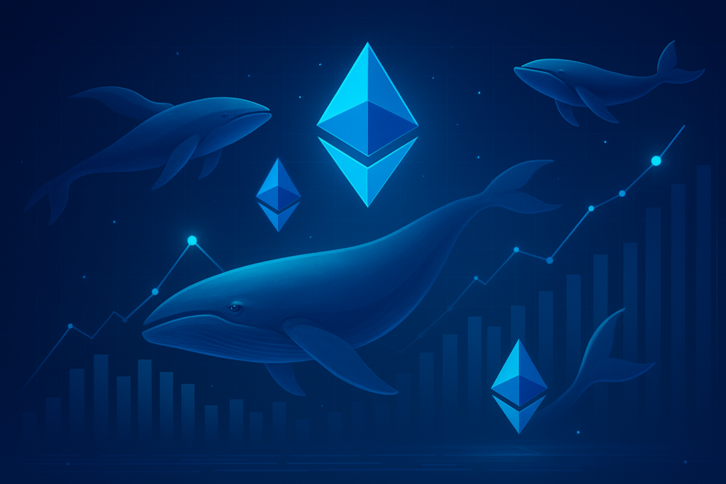 Three Crypto Whales Accumulate Over 23,000 ETH in 24 Hours Futuristic digital illustration of Ethereum whales accumulating tokens