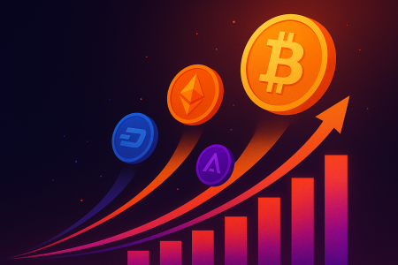 Cryptocurrency market analysis with Bitcoin, Ethereum, Dash, and TAO price charts on digital screens