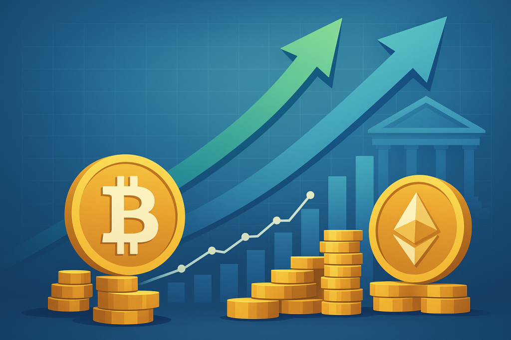 Institutional Inflows Strengthen: Spot BTC ETFs Attract $239.9M, ETH ETFs Add Another $12.5M Bitcoin and Ethereum coins rising with upward financial charts, symbolizing ETF inflows.