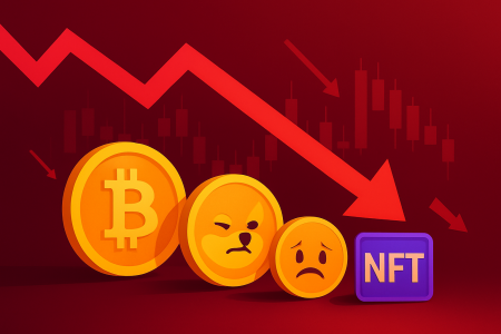 Falling crypto and NFT market illustration with declining chart and coins