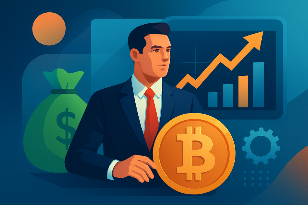 Solari Capital Leads $220M Investment in American Bitcoin Modern illustration of Bitcoin investment and mining with financial growth symbols.