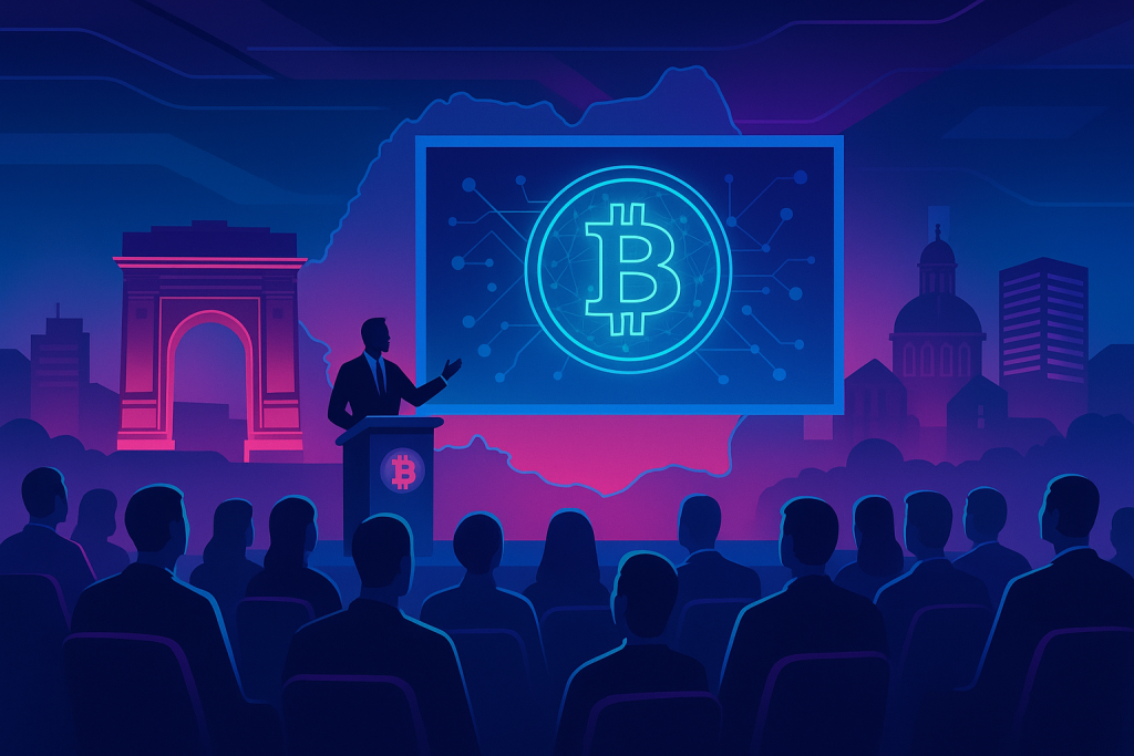 Futuristic blockchain and crypto conference concept with digital networks