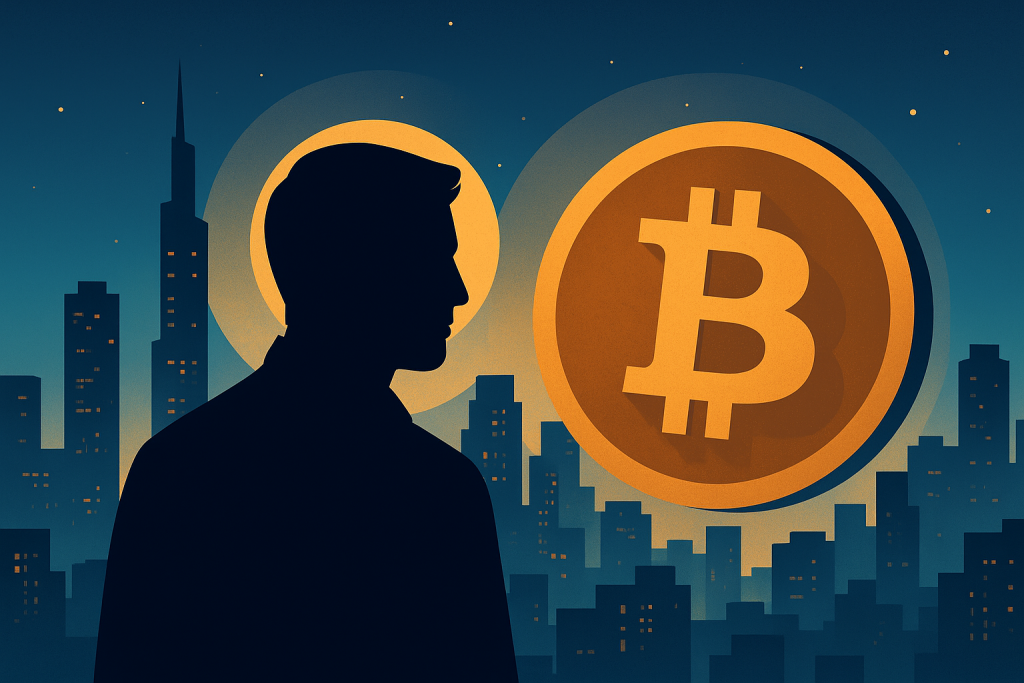 Crypto Scammer Roman Novak Reportedly Killed in UAE After Vanishing With $500 Million silhouette of a man against a city skyline with a glowing Bitcoin symbol