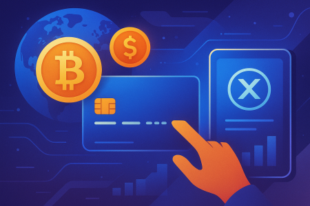 Digital illustration of crypto payments integration with wallet, card, and digital assets.