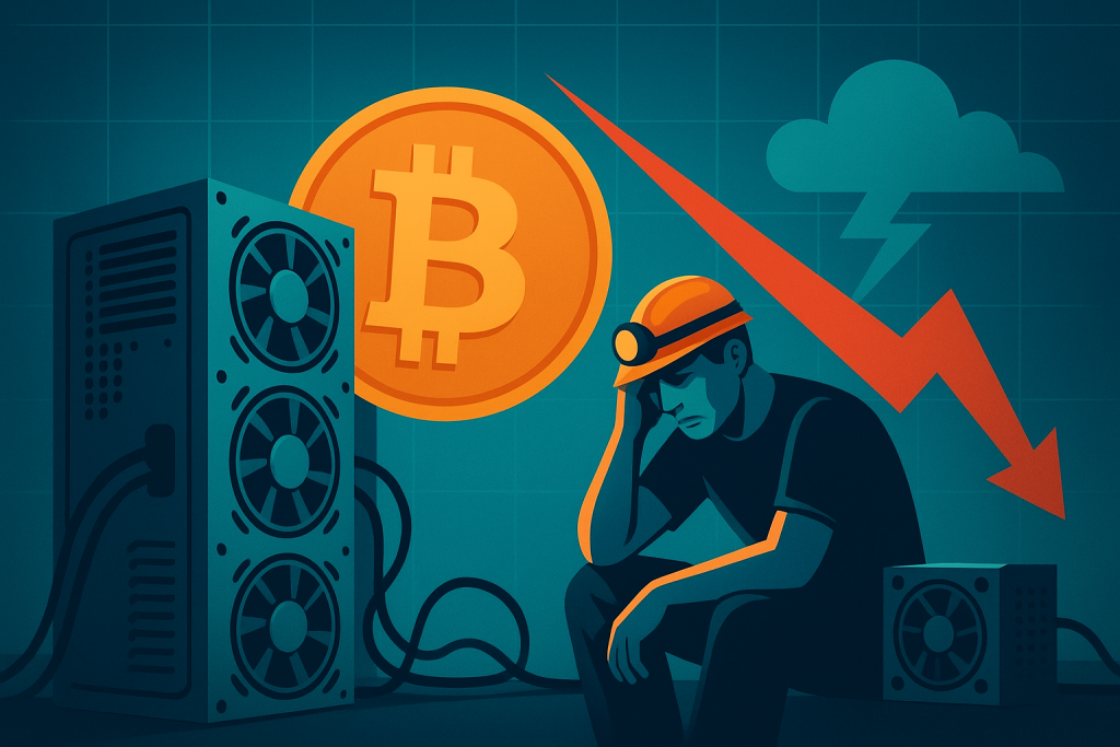 Bitcoin mining crisis illustration, showing a miner under pressure as hashprice drops.