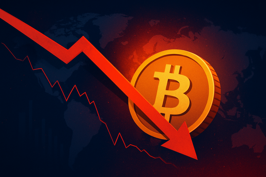 Bitcoin price decline illustration with red downward trend arrow