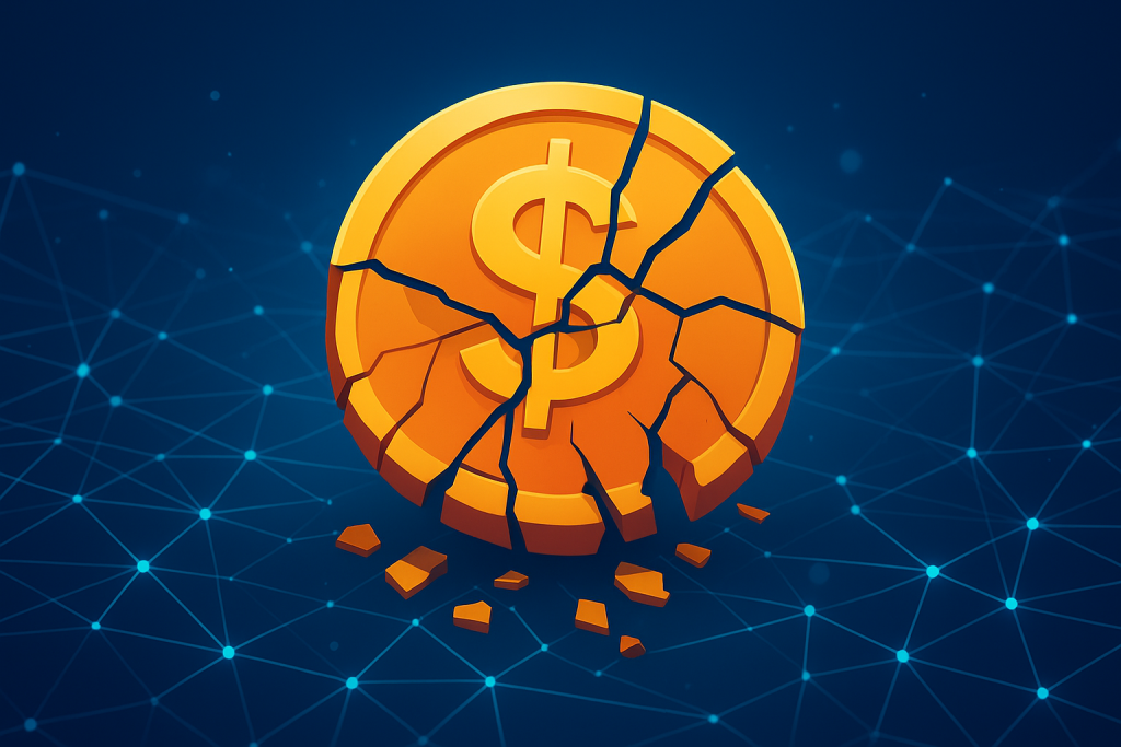 digital illustration showing a shattered dollar coin and blockchain network
